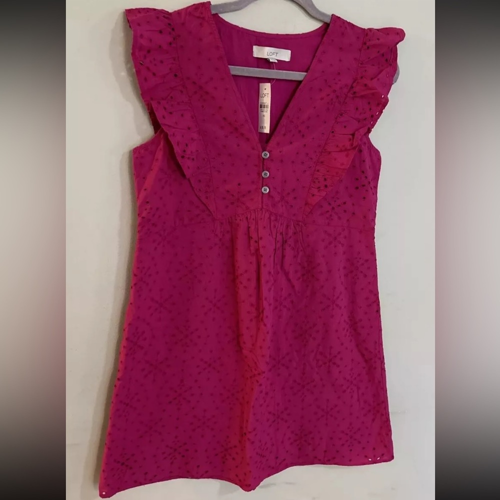Ann Taylor LOFT Pink Dress Eyelet V-neck Flutter Sleeve Casual Size XS NWT